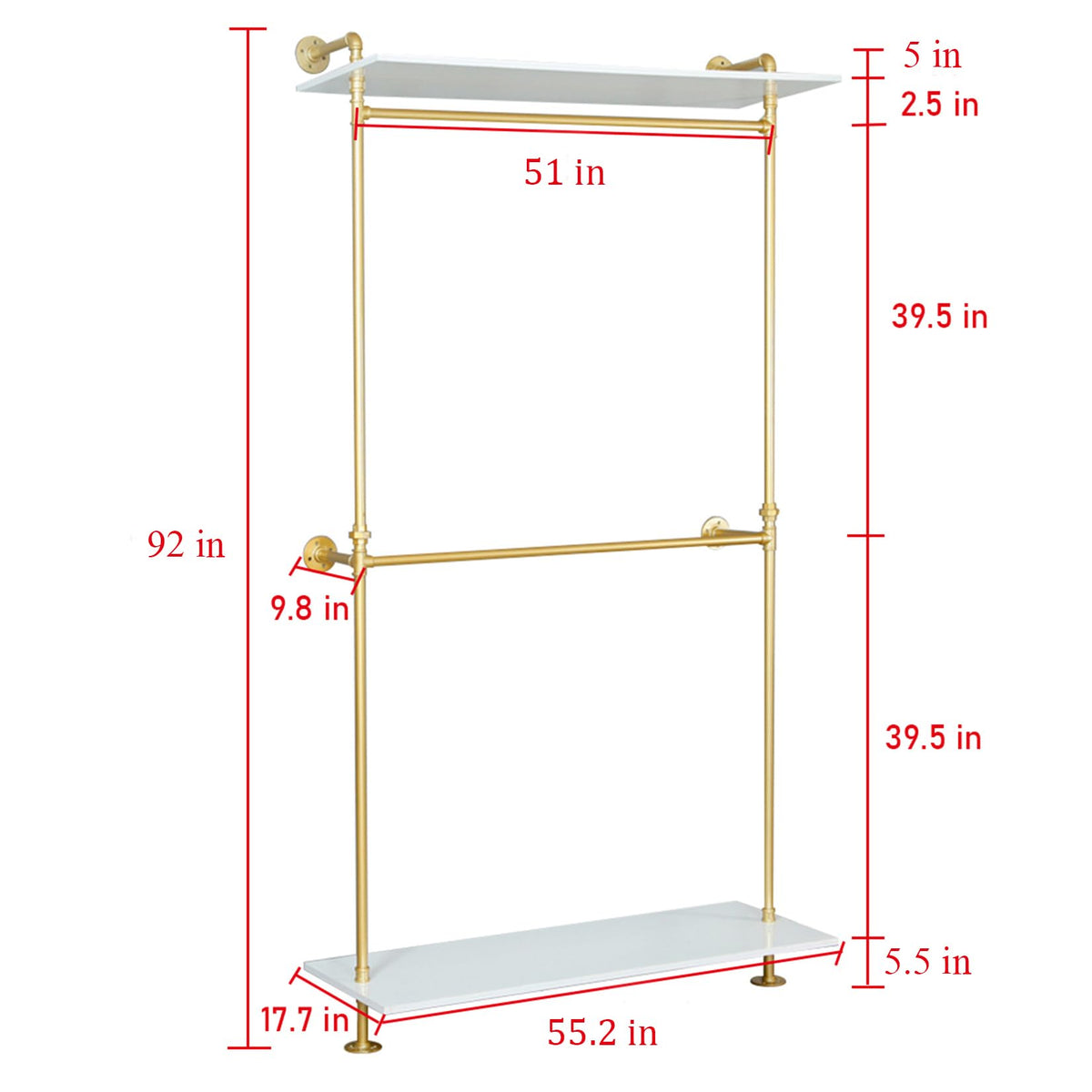 MDEPYCO Modern Simple 2 Tier Metal and Wood Garment Rack,Industrial Pipe Double Hanging Rods Clothing Rack,Retail Display Wall Mounted Storage Clothes Hanging Shelf (One Shelves,Gold, 55.2" L)