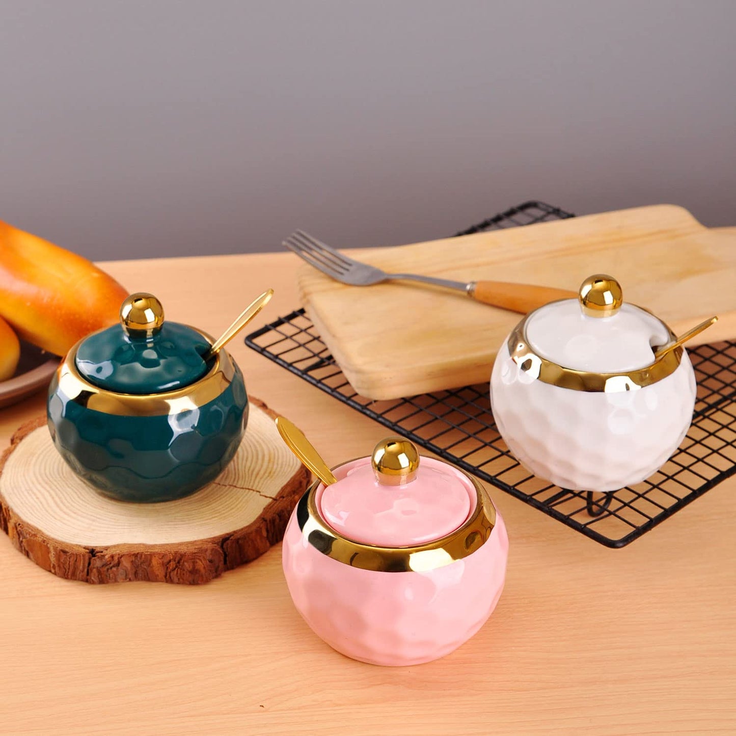 WHJY Ceramic Sugar Bowl with Lid and Spoon, Golf Design Porcelain Salt Bowl Salt Container, Modern Spice Box Seasoning Jar for Home and Kitchen Coffee Bar - White