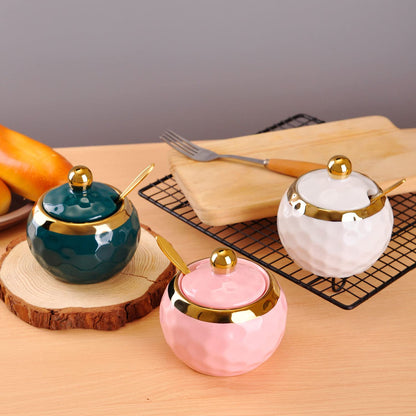 WHJY Ceramic Sugar Bowl with Lid and Spoon, Golf Design Porcelain Salt Bowl Salt Container, Modern Spice Box Seasoning Jar for Home and Kitchen Coffee Bar - White