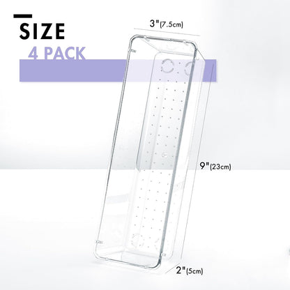 HOUSE DAY Desk Drawer Organizer Bins, 4 PCS Clear Drawer Organizers with Silicone Pads for Makeup, Office