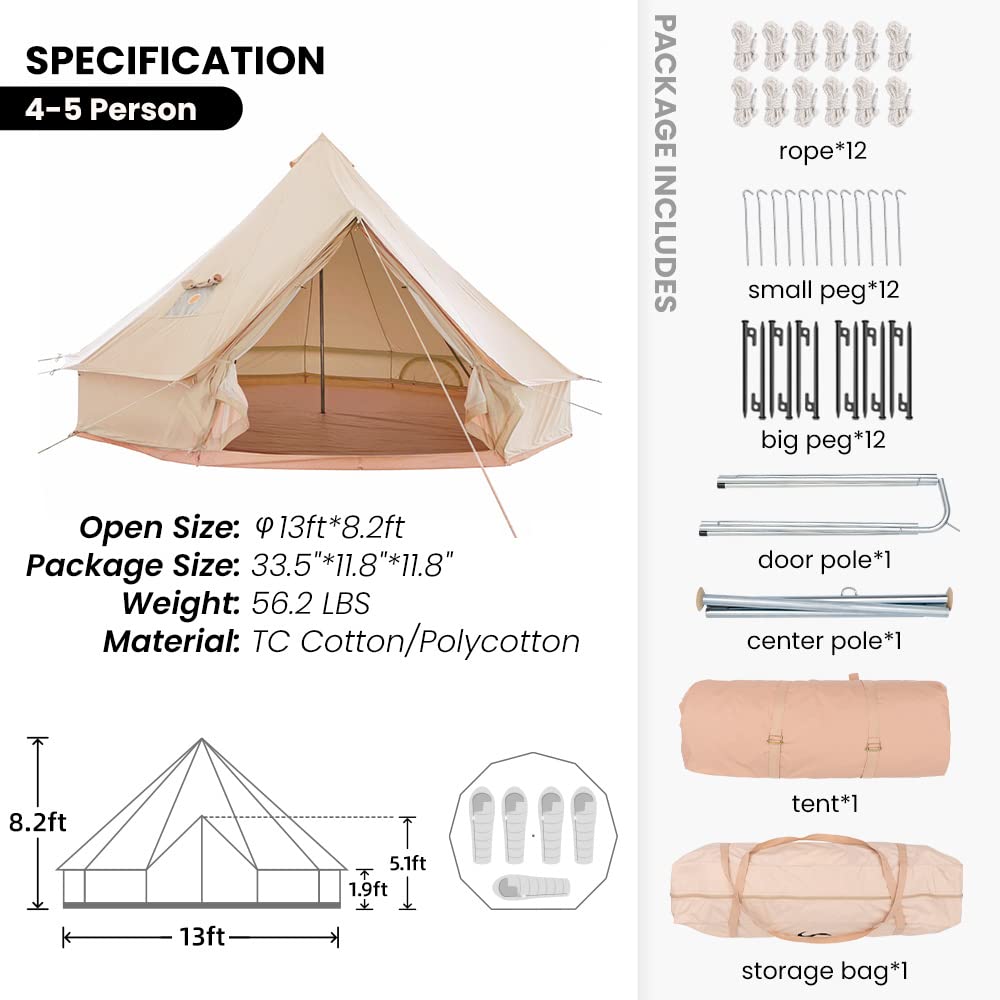 MC TOMOUNT Canvas Tent Bell Tent Yurt with Stove Jack Zipped Removable Floor for Glamping Truck Car Camping