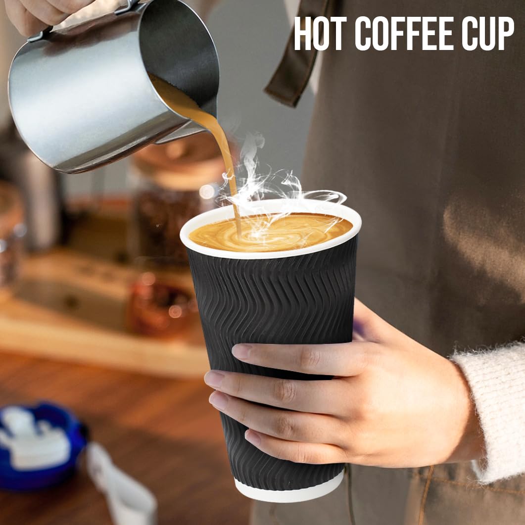 BYSNOW 100 Pack 16 oz Coffee Cups with Lids, Disposable Insulated Hot Cups To Go Paper Coffee Cups, Corrugated Ripple Wall Cup for Hot Drink, Office, Coffee Bar (Black 16 oz)