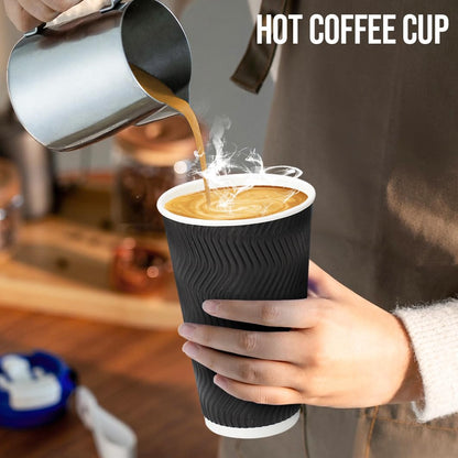 BYSNOW 100 Pack 16 oz Coffee Cups with Lids, Disposable Insulated Hot Cups To Go Paper Coffee Cups, Corrugated Ripple Wall Cup for Hot Drink, Office, Coffee Bar (Black 16 oz)