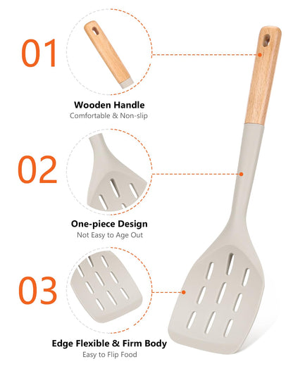 Pack of 2 Silicone Spatula, Non Stick Cooking Utensil Set Wooden Handle Kitchen Turner for Baking Mixing Grilling Serving Food Heat Resistant Non Scratch Hooks Included (Khaki)