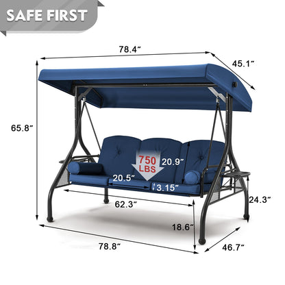 HOMREST 3 Seat Outdoor Porch Swing with Adjustable Canopy, Convertible Patio Swing Bed with Stand, Patio Glider Swing with Upgraded Cup Holder, Thicken Cushions ＆ Pillow for Backyard(Blue)