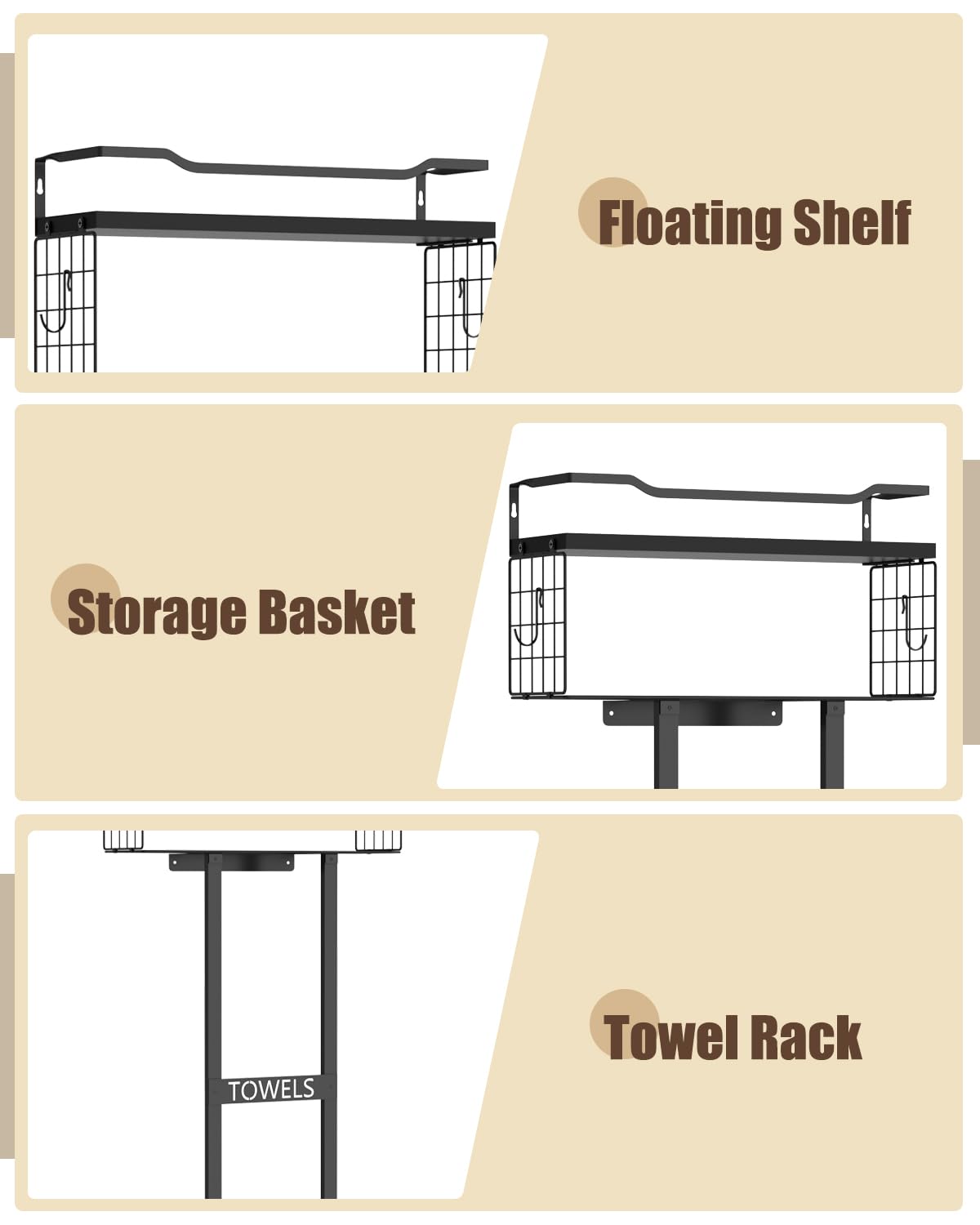 Aetyord Towel Racks for Bathroom 31inch Wall Mounted Towel Rack,Floating Shelf with Wood Plank,Towel Storage for Bathroom can Holds 6 Large Rolled Towels,All Black