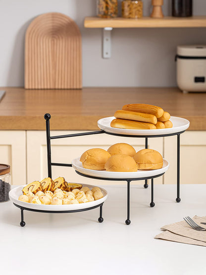 Kanwone 3 Tiered Serving Stand with White Porcelain Plates, 10" Round Tray, Dessert Table Display Set, Black Metal Stand, Versatile & Durable