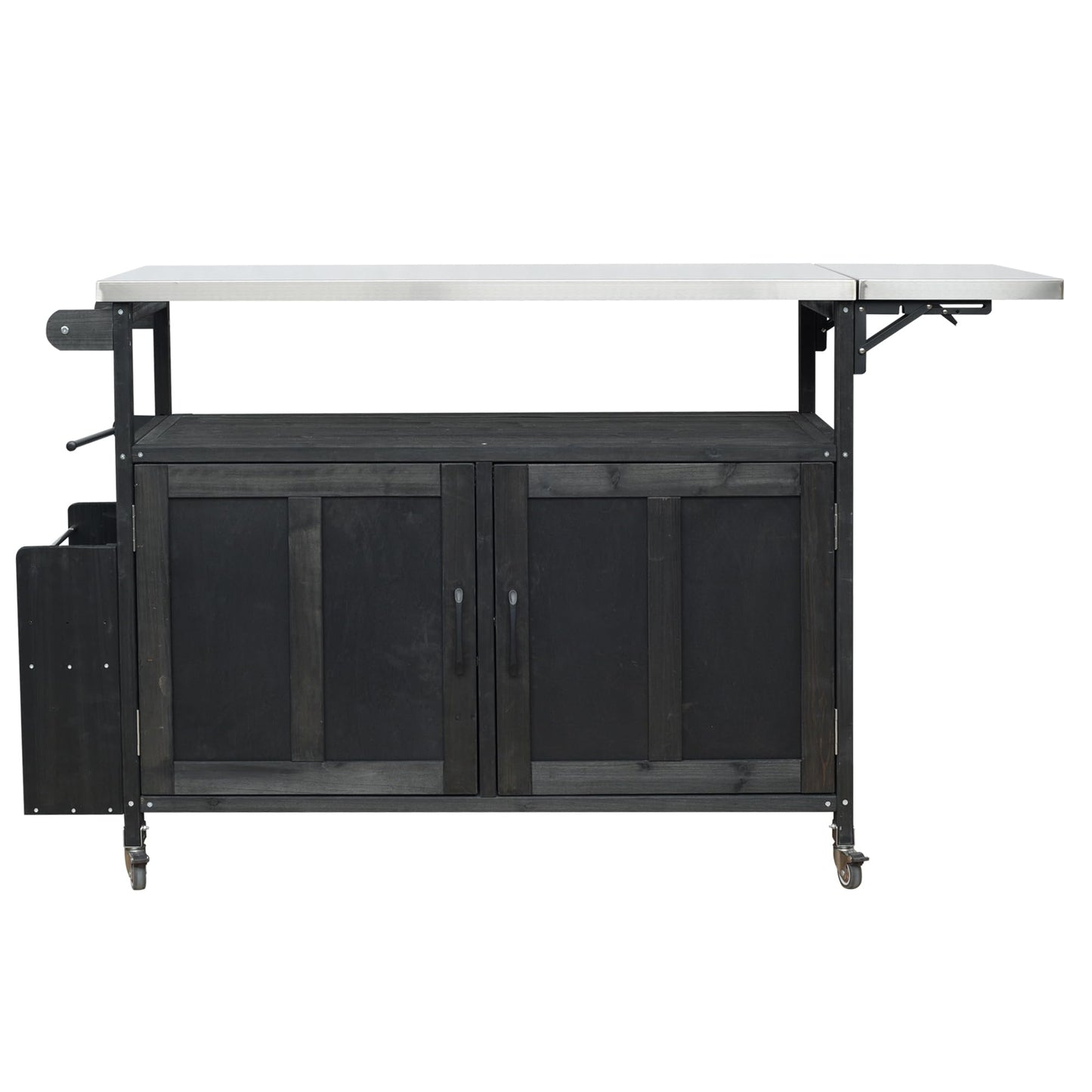 Outdoor Kitchen Island Cart with Foldable Stainless Steel Top, Rolling Grill Table with Adjustable Shelf Storage Spice Rack and Towel Holder, Wooden BBQ Prep Station with Lockable Wheels, Black