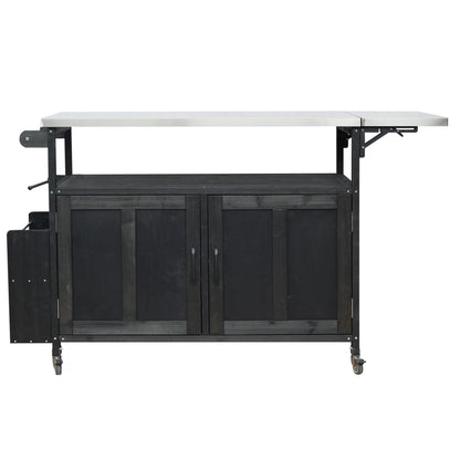Outdoor Kitchen Island Cart with Foldable Stainless Steel Top, Rolling Grill Table with Adjustable Shelf Storage Spice Rack and Towel Holder, Wooden BBQ Prep Station with Lockable Wheels, Black