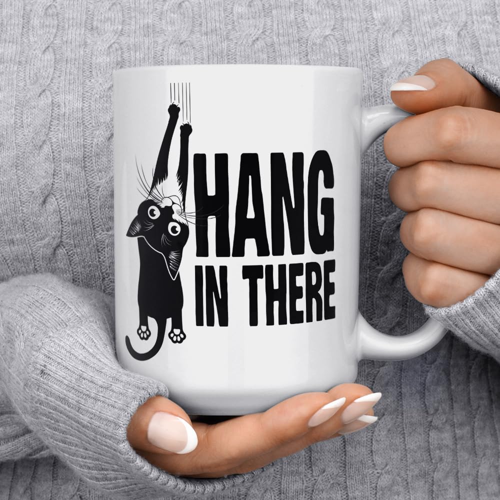 Hang in There Coffee Mug, Funny Motivational Cat Gift Cup for Friend, Coworker, Women, Men (15oz)
