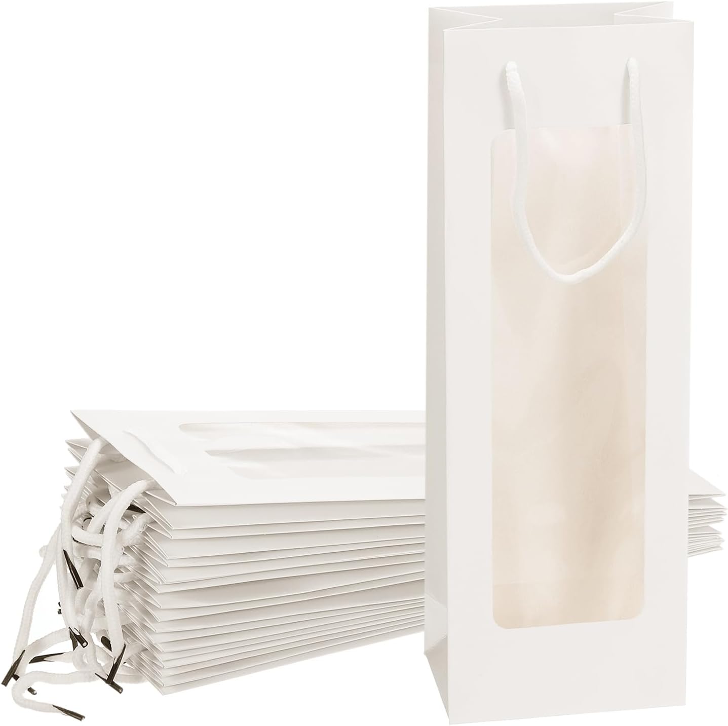 uxcell 12pcs Wine Gift Bags, 4.92"x3.35"x14.2" Paper Tote Bags with Rope Handles, Clear Window for Party Supplies, White