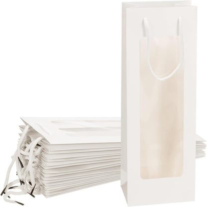 uxcell 12pcs Wine Gift Bags, 4.92"x3.35"x14.2" Paper Tote Bags with Rope Handles, Clear Window for Party Supplies, White