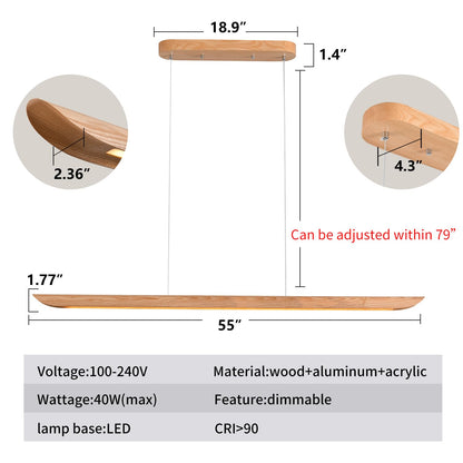 55" Wood Linear Pendant Light, Dimmable Kitchen Island Light with Remote, 40W LED Island Lights for Kitchen, Adjustable Linear Chandelier for Dinning Room Light Fixture, Bar, Pool Table Light Natural