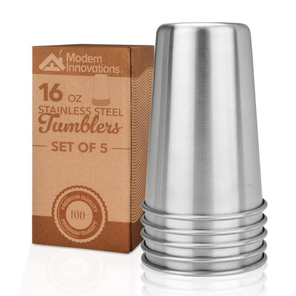 Modern Innovations 16 Ounce Stainless Steel Pint Cups - Stackable Pint Cup Tumblers For Travel – Metal Cups For Drinking Outdoors - 16 Oz Reusable Steel Cups - 5 Pack
