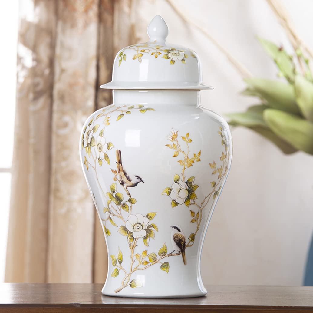 ZHOUXIAO White Ceramic Ginger Jar with Lid for Home Decor,Traditional Chinese Flowers and Birds Temple Jar, Jingdezhen Handcrafted Porcelain Vase Centerpiece Decor L