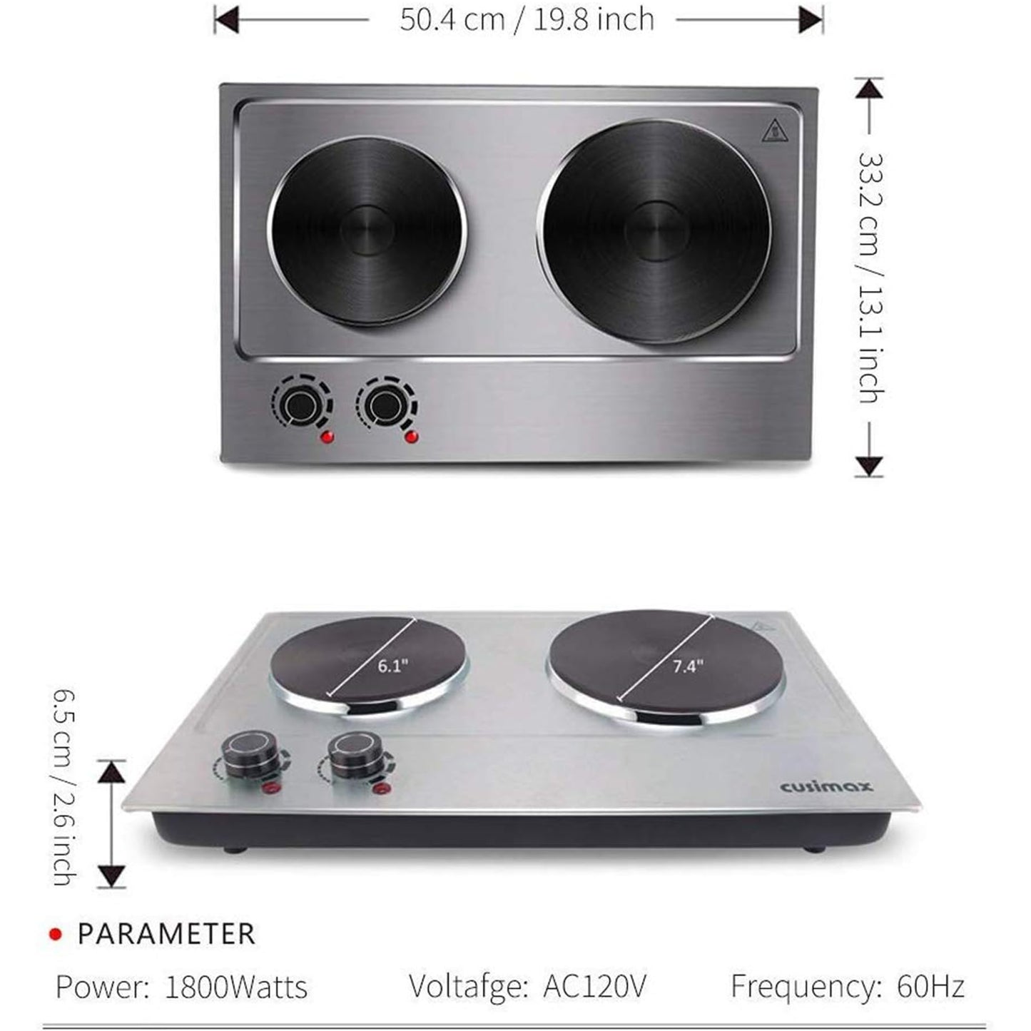 CUSIMAX 1800W Double Hot Plate, Stainless Steel Silver Countertop Burner Portable Electric Double Burners Electric Cast Iron Hot Plates Cooktop, Easy to Clean, Upgraded Version C180N