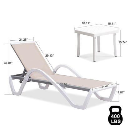 PURPLE LEAF Patio Chaise Lounge Chair Set Outside Aluminum Plastic Stackable Tanning Chairs with Armrests and Side Table for Pool Sunbathing Beach Deck Outdoor Lounger, Khaki