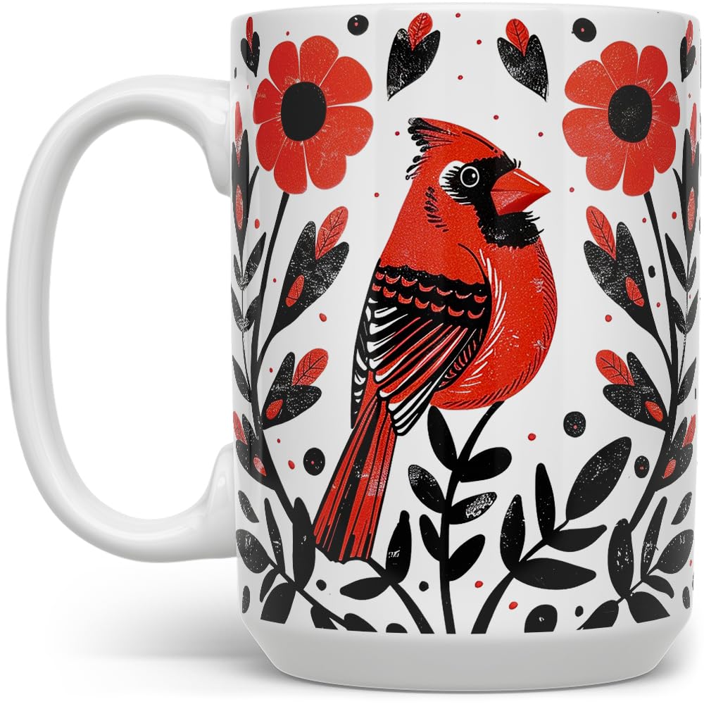 Cardinal Bird Ceramic Coffee Mug - Floral Nature Tea Cup, Gift for Women Mom Friend (15oz)
