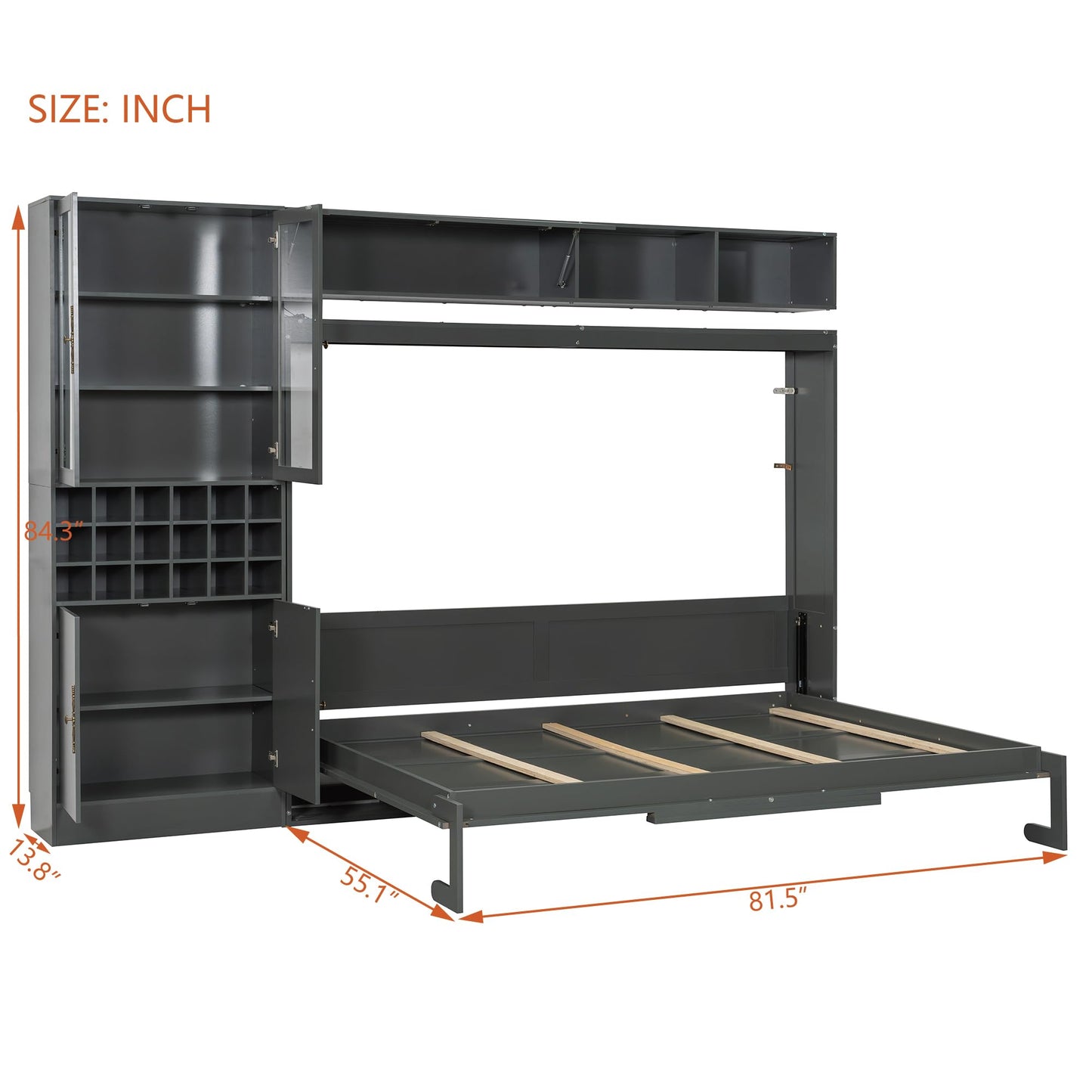 Merax Queen Size Murphy Bed Wall Bed with Sofa, Shelves, USB & Light - Space Saving Foldable Bed for Small Apartments, Grey