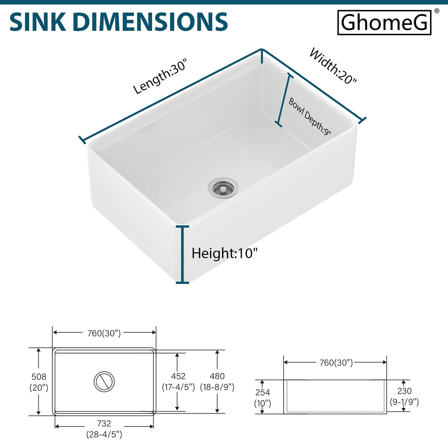 GhomeG 30 White Farmhouse Sink 30x20x10 Inch White Fireclay Apron Front Kitchen Sink Single 10 Inch Deep Ceramic Farm Farmer Style Workstation Basin