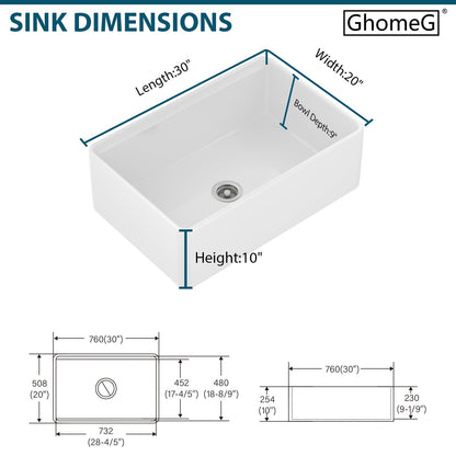 GhomeG 30 White Farmhouse Sink 30x20x10 Inch White Fireclay Apron Front Kitchen Sink Single 10 Inch Deep Ceramic Farm Farmer Style Workstation Basin
