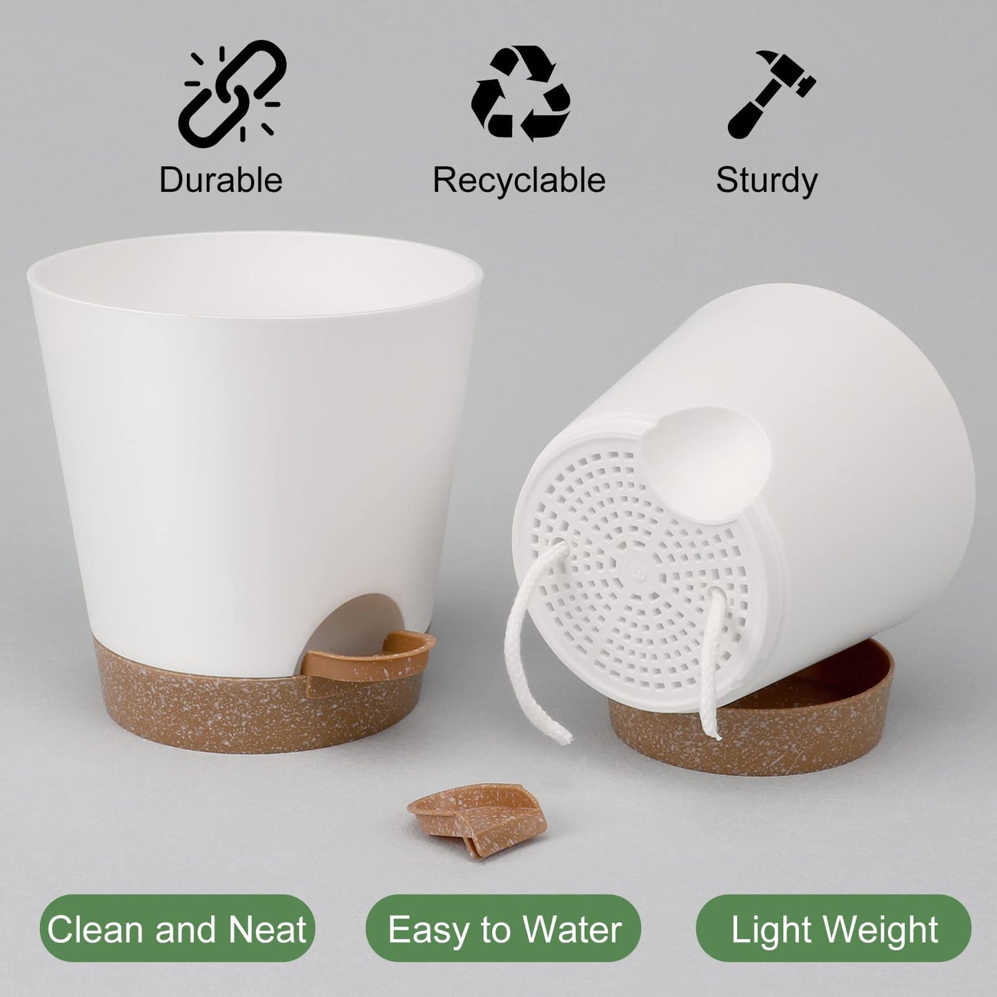 YNNICO Indoor Self Watering Planters with Drainage Holes and Saucers, 8, 7, 6.5, 6, 5.5, 5 Inches, White, 6 Pots