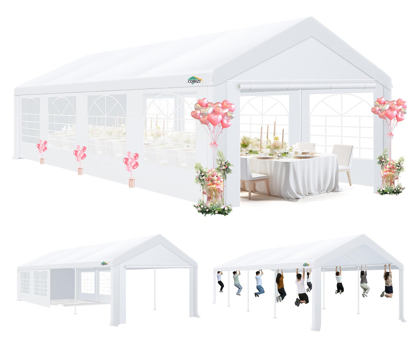 COBIZI 10x30 Party Tent Heavy Duty, Tents for Parties with Removable Sidewalls & 4 Built-in Sandbags, Commercial Wedding Tent, UV 50+, Waterproof, White