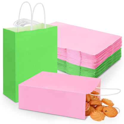 Kolldenn 48 Pcs Small Pink and Green Gift Bag 6.3 x 3.15 x 8.7 '' Paper Favor Treat Goodie Bag Bulk with Handle for Witch and Princess Theme Party Sisterhood Birthday Party Supplies