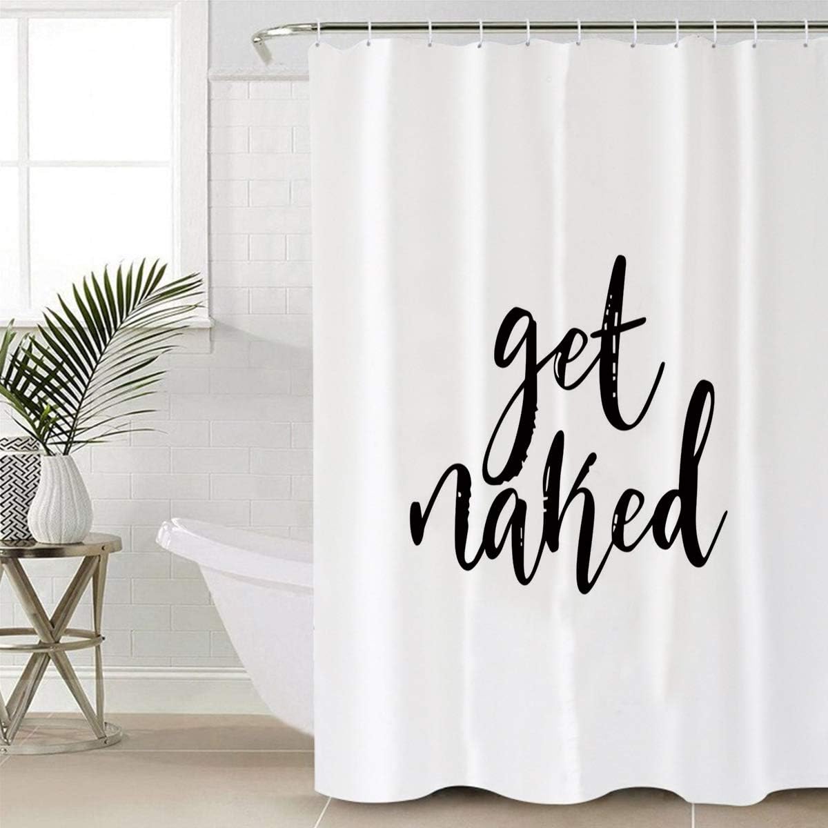Z&L Home Get Naked Black Script Shower Curtain, White Bathroom Decorations with Hooks, Polyester Fabric 72x78 Inches