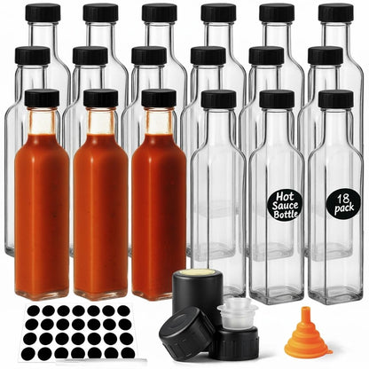 WERTIOO Hot Sauce Bottles 18-Pack 8.5oz Glass Bottles with Caps - Square Hot Sauce Containers for Homemade Chili Oil, Vinegar, BBQ - Empty for Liquid Storage & Gifting, Clear (Leakproof)