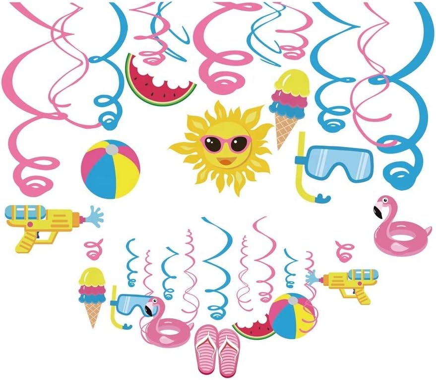 30Ct Pool Hanging Swirl Decorations, Summer Party Supplies, Beach Birthday Theme for Kids Decor