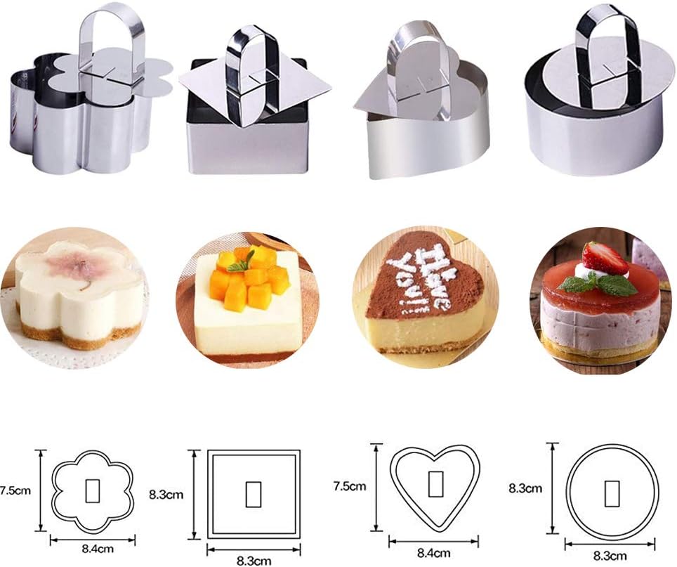 Stainless Steel 3D Cake Molds with Pusher Lifter, Set of 4 Baking Dish Tools for Cupcake, Mousse, Salad