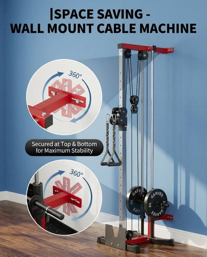 Wall Mount Cable Machine, Dual Pulley Cable Crossover & LAT Pulldown System for Home Gym with 19 Adjustable Positions, Tricep Rope, LAT Bar & Footboard, Space-Saving Garage Fitness Equipment