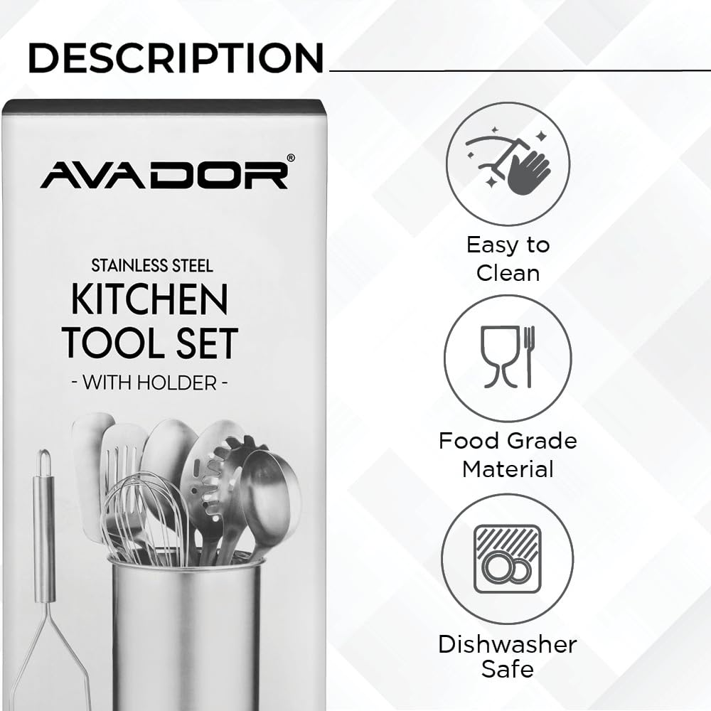 Avador® Premium Set of 10 Stainless Steel (WHITE HOLDER) Kitchen Tool Set with Holder Easy To Clean, Space Saving, Great for Cooking, Baking, Prepping (WHITE)