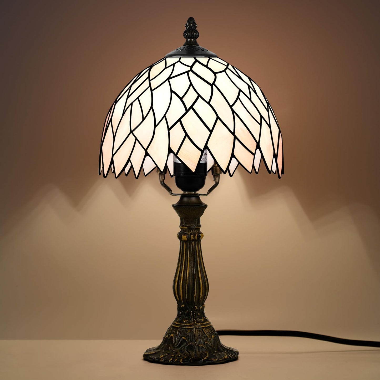 MOAN Small Lamp Stained Glass Table Lamp 8X14.5 Inch Bedside Reading Light Antique Light Desk Lamp(Pink Wisteria Style)