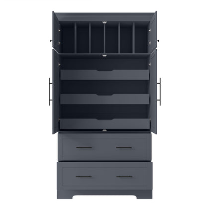 Merax 72.6" Farmhouse Kitchen Pantry Cabinet with Pull-Out Trays & Drawers, Freestanding Pantry with Cake Pan Storage, 4-Door Shaker Style Storage Cabinet, 40" L x 18" W, Grey