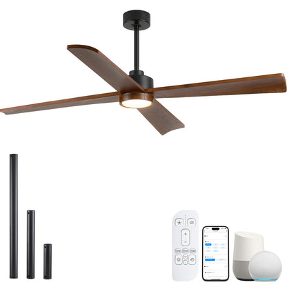 60 Inch Outdoor Smart Ceiling Fan with Light for Patio Damp Rated -High CFM Propeller 4 Wood Blades for Large Room, Rustic Farmhouse, Alexa/Tuya App/Remote Control, Quiet DC Motor, Porch, Gazebo