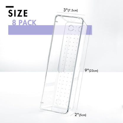 HOUSE DAY 8 PCS Desk Drawer Organizer Bins, 9*3*2" Clear Organizers with Silicone Pads for Makeup, Kitchen, Office