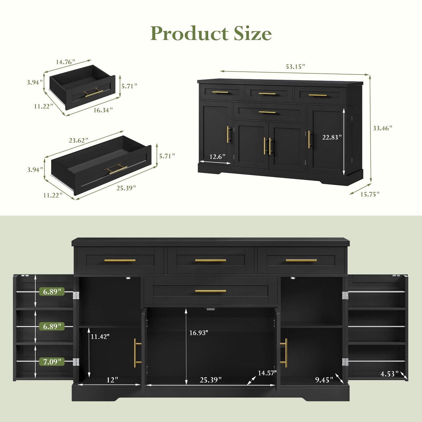 Concho 54" Buffet Cabinet with Storage, Kitchen Sideboards Small Coffee Bar Cabinet with 4 Drawers, Modern Kitchen Storage Cabinet for Living Room, Jet Black