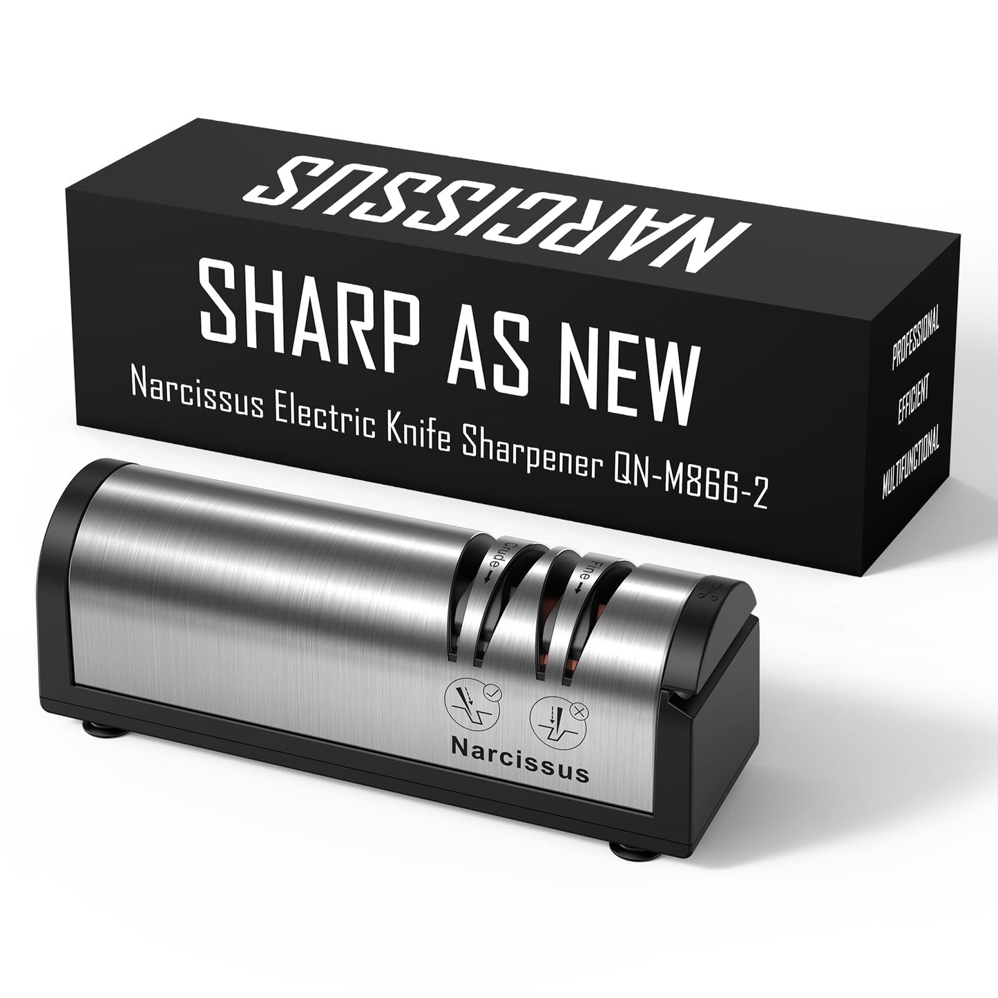 Narcissus Knife Sharpener, Professional 2 Stage Electric Knife Sharpener for Quick Sharpening & Polishing, with Scissors Sharpener and Metal Dust Collection Box, Stainless Steel, Silver