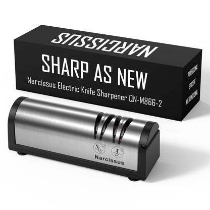 Narcissus Knife Sharpener, Professional 2 Stage Electric Knife Sharpener for Quick Sharpening & Polishing, with Scissors Sharpener and Metal Dust Collection Box, Stainless Steel, Silver