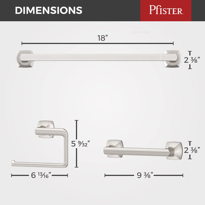 Pfister Vaneri 3-Piece Bathroom Hardware Set with Towel Bar, Towel Ring, and Toilet Paper Holder, Wall-Mounted, Spot Defense Brushed Nickel Finish, BTBVRI3GS