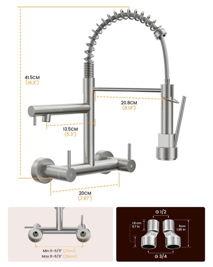 BLYLUND Wall Mount Kitchen Faucet with Pull Down Sprayer, Stainless Steel 8 Inch Center Commercial Sink Faucets 2 Handle Utility Sink Tap High Arch for Kitchen Laundry Restaurant, Brushed Nickel