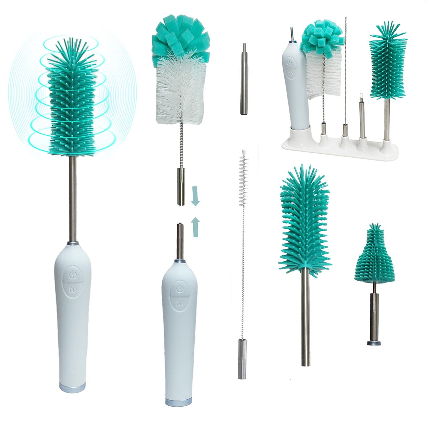 WHNL Electric Baby Bottle Brush With Holder, Stainless Steel Automatic Cleaner With Extension Handle, Sponge, Silicone Water Cleaner, Nipple and Straw Brush - Green