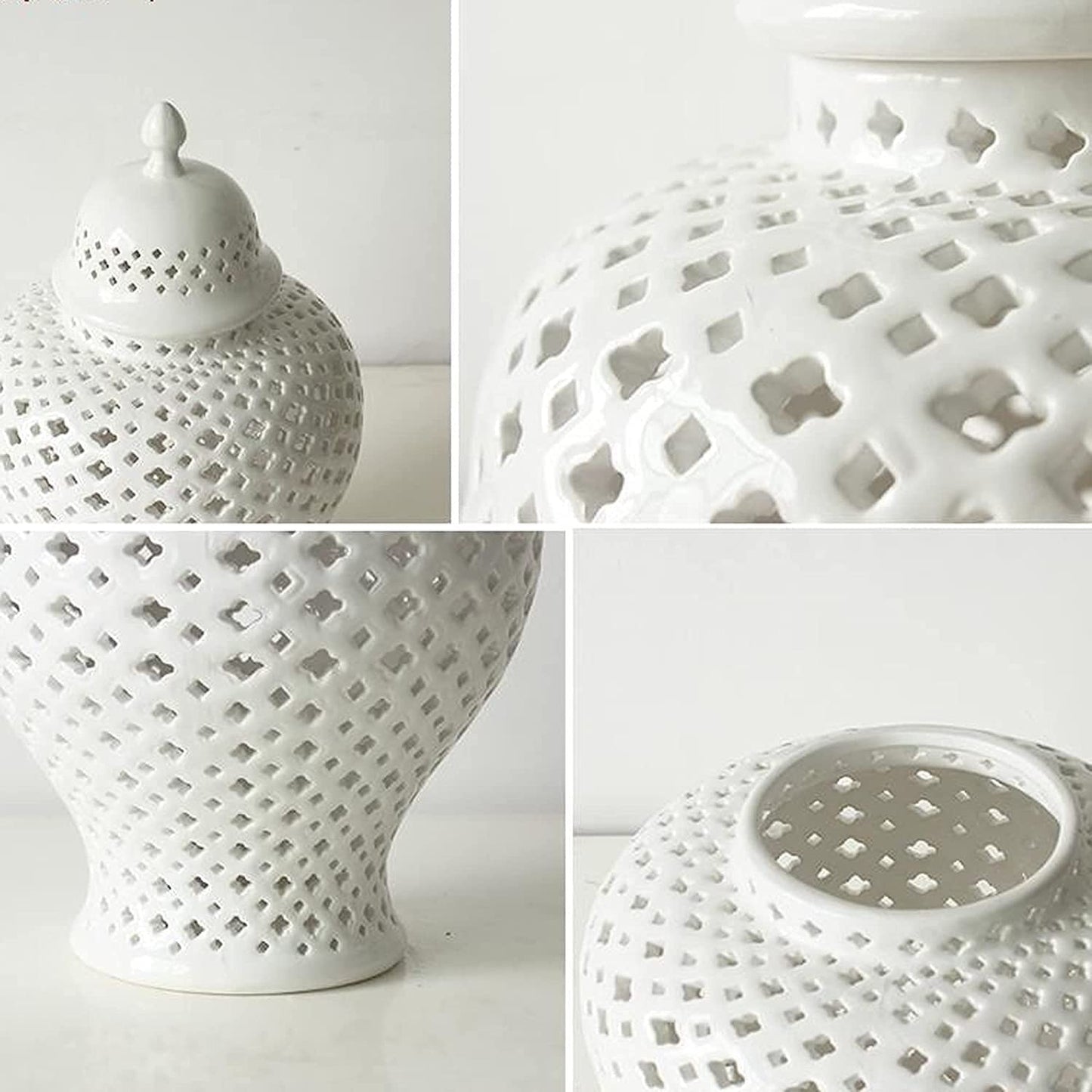 Ginger Decorative Jar with Lid White Porcelain Handcrafted Ceramic Vases for Flowers Traditional Chinese White Carved Lattice Ginger Jar with Lid Decorative Porcelain Vases Temple,White23*38cm