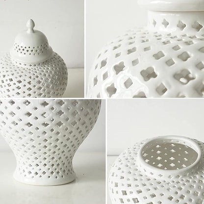 Ginger Decorative Jar with Lid White Porcelain Handcrafted Ceramic Vases for Flowers Traditional Chinese White Carved Lattice Ginger Jar with Lid Decorative Porcelain Vases Temple,White23*38cm