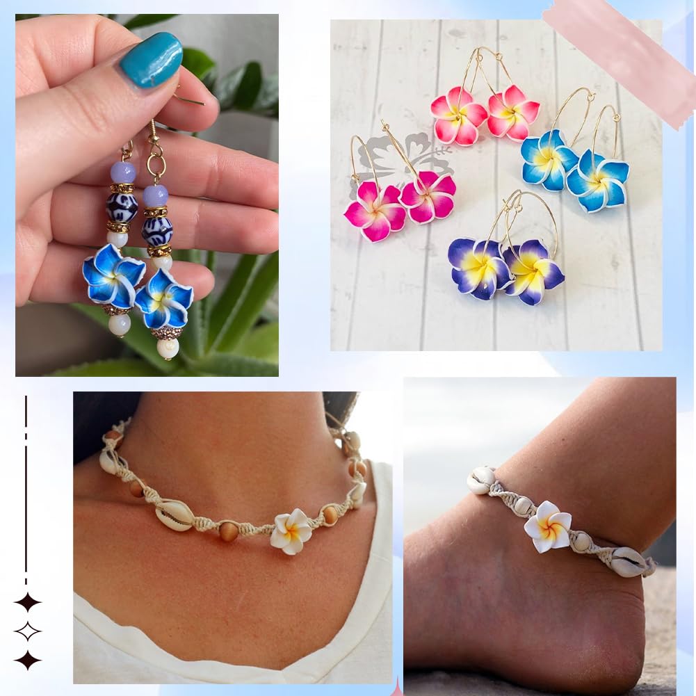 SUNNYCLUE 60Pcs Hawaii Flower Beads Plumeria Beads Bulk Large Floral Flowers 20x10mm Charms Handmade Polymer Clay Loose Spacers for Jewelry Making Beading Kit DIY Necklace Supplies