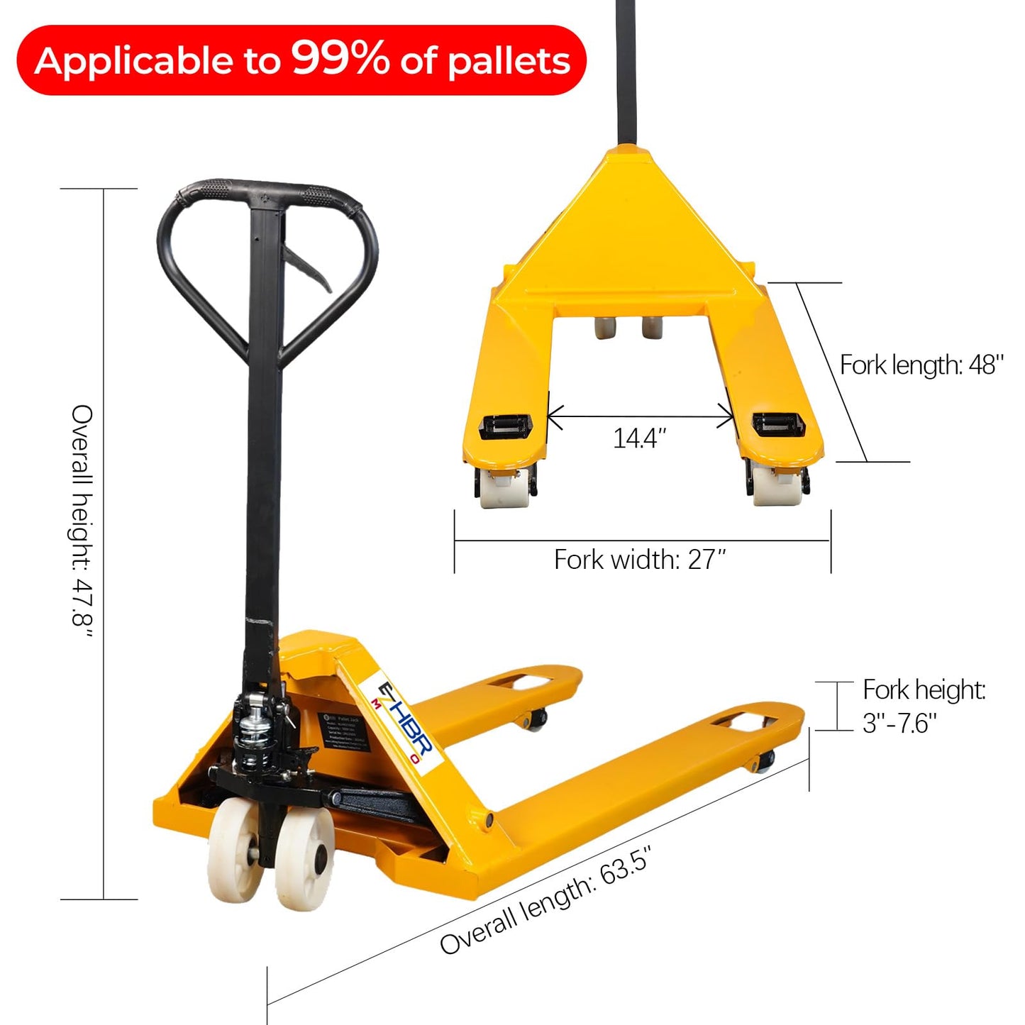 EZMHBRO Leak-Proof Pallet Jack, 5500 lbs Load Capacity, Manual Pallet Truck with 48L x 27W Inch Forks for Pallet Moving, Nylon Wheels Suitable for Warehouse, Supermarket, Factory