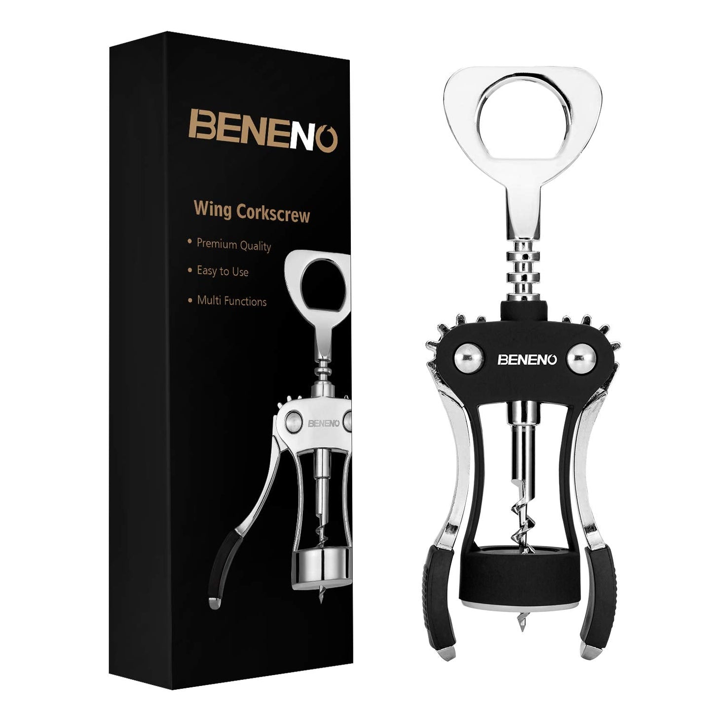 Beneno Wine Opener, Zinc Alloy Premium Wing Corkscrew with Multifunctional Bottles Opener, Sharp Wine Corkscrew with Ergonomic Non-Slip Wing Handle, Upgrade Black