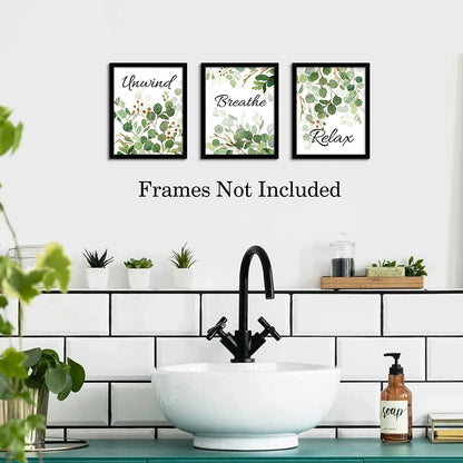 HLNIUC Green Leaf Art Print, Botanical Bathroom Quotes Wall Art Set of 4 (8X10inch, Unframed)